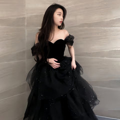 prom dresses French Style off-Shoulder Evening Dress Women's Black Adult Ceremony Vocal off-Shoulder Banquet Host Gauze Dress Niche