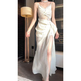 frat outfits French Style Open Waist Hollow-out Sling Dress Sexy Elegant Socialite Design Sense Seaside Holiday Long Skirt