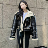 Short Leather Coat for Women Winter Fleece-lined Thickened Fur Integrated Motorcycle Clothing Lamb Fur PU Leather Jacket Fashion