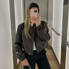 90s fashion Y2k Pu Street Fashion Short Slim Autumn New Stand Collar Motorcycle Pilot Jacket Jacket Leather Coat