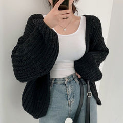 fall fashion Jo Korean Autumn Lazy Style V-neck Versatile Loose Casual Solid Color Lantern Sleeve Knitted Cardigan Sweater outside