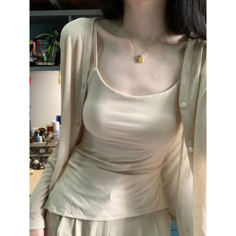 fashion outfits Sweet Hot Girl Hollow-out Knitted Cardigan Two-Piece Women's Summer Outdoor Air Conditioning Blouse Long Sleeve Top Clothes