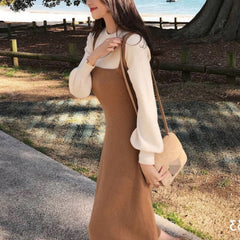 church outfit Autumn and Winter New Korean Gentle Style Fake Two-Piece Temperament Slimming Inner Base Strap Knitted Dress