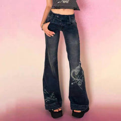 2000s fashion American Style Distressed Washed Special Love Printed Trendy Retro Jeans Women's High Street Sexy Low Waist Jeans