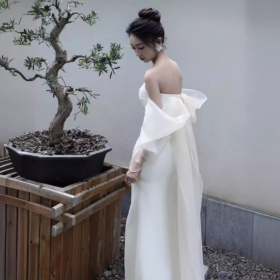 off shoulder New Chinese Morning Gown Summer New Engagement Party Tube Top Simple Fairy Temperament Travel Shooting Light Yarn