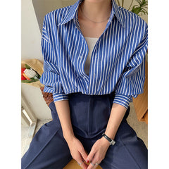 guys fits Blue Striped Shirt for Women Spring and Autumn Niche Loose Temperament Chic Shirt New Early Spring Top