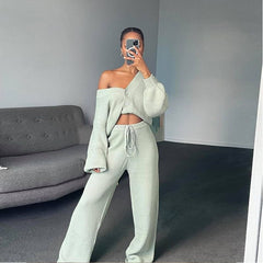 comfy school outfits 2024 Casual Fashion Women's Solid Color Cardigan Long Sleeve Knitwear Trousers Two-Piece Suit