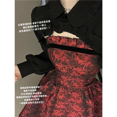 rave outfits 2024 Retro Waist Slimming Embossed Suspenders Dress + Niche Fashion Black Shirt Two-Piece Set Suit