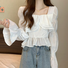 fall outfits women White Bell Sleeve Top Women's Clothing Spring Shirt Ruffled Square Collar Shirt Niche