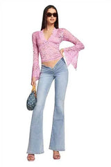 frat outfits New Lace V-neck Tight Flared Long Sleeve Sexy Top