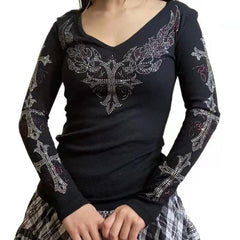 Long Sleeve Baroque Print Rib Top