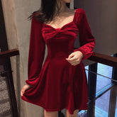 new year outfit French Style Dress New Year Clothes Women's Battle Dress Hepburn Style Velvet Dress Red Retro Square Collar Bottoming Dress