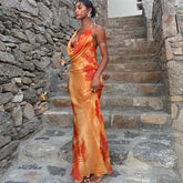 cybergoth dress to impress Style Sexy Swing Collar Halter Dress Printed Sleeveless Wrapped Chest Pullover Backless Mid-Waist A- line Dress for Women Dress