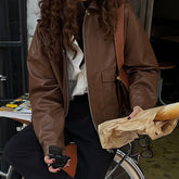 tailgate outfit black women Korean Style French Retro Fashion Hong Kong Style Long Sleeve PU Leather Coat Women's Cool Motorcycle Jacket Top 2 Colors