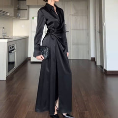 black sweater dress outfit Women's Autumn Solid Color Lapel Elegant Lace-up Slim Fit Dress Women