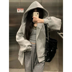 90s streetwear American Casual Gray Hooded Zipper Cardigan Sweater for Women 2024 Autumn New Loose Lazy Style Coat