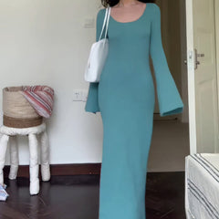 fashion outfits Hong Kong Style Retro French Bell Sleeve round Neck Knitted Dress Women's Autumn Bottoming Dress Unique Super Nice Niche