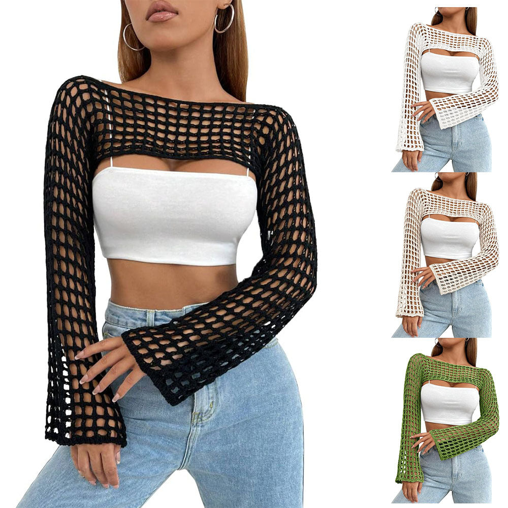 dti outfits Crochet Shrug Y2K Hollow-out Short Top See-through Summer Knitted Sweater