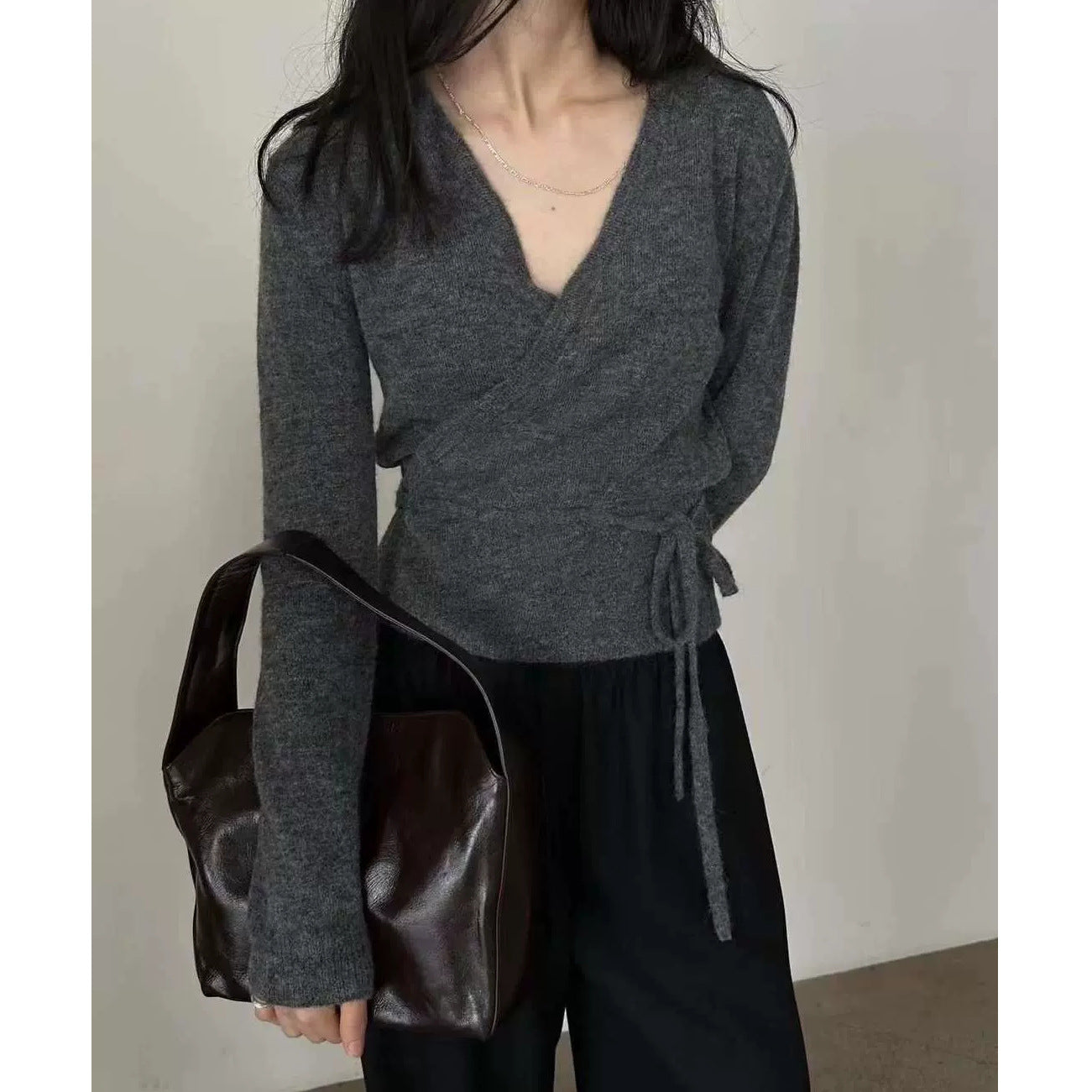 fall fashion 2024 Autumn Elegant Cross V-neck Lace-up Sweater Top