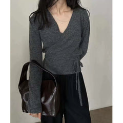 fall fashion 2024 Autumn Elegant Cross V-neck Lace-up Sweater Top
