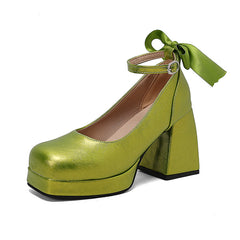 shoes 40-48 Spring Fashion Single-Layer Shoes with Bow Strap Thick High Heel Platform Women's Shoes