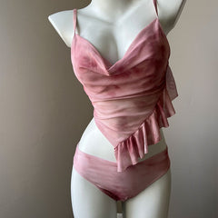 2000s fashion Women's Three-Piece Swimsuit, Two-Piece Steel Bracket, Push up and Cover Meat, Sexy Bikini Skirt, Pure Pink Tie-Dyed, High-Grade