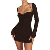 pink panther costume Women's Sexy Lace-up Halter Bell Sleeve Tight Mesh Sheath Dress