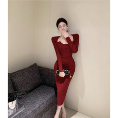 2000s fashion Autumn and Winter New French Long Sleeve Dress Women's High-Grade Elegant Dress Slim Split Hip Skirt