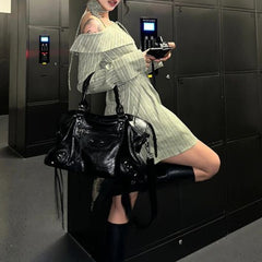 BXOXO Striped Off Shoulder Lapel Neck Long Sleeve Blouse