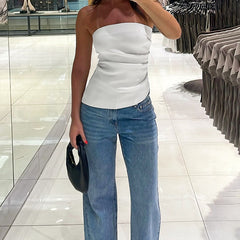 halter tops Women's Clothing 2024 Spring and Summer New Ins Simple Style Solid Color Backless Pleated Tube Top Bottoming Vest for Women