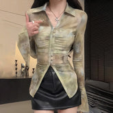 fashion outfits Hot Girl Flared Shirt Female Spring and Autumn Niche V-neck Shirt Slim Mesh Top