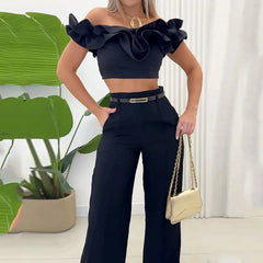 summer outfits inspo Summer New Women's Clothing Solid Color off-the-Neck Navel Top Sweet and Spicy Style Two-Piece Set
