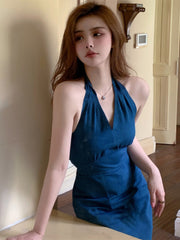 90s fashion New Hong Kong Style Retro V-neck Sleeveless Backless Halter Small Denim Dress Fashion