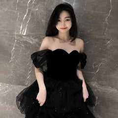prom dresses French Style off-Shoulder Evening Dress Women's Black Adult Ceremony Vocal off-Shoulder Banquet Host Gauze Dress Niche
