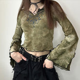 concert outfit Mori Vintage Tie-Dyed Tribal Print Curling Bell Sleeve Short Top Niche V-neck Slim-Fit Navel Slimming Long Sleeve