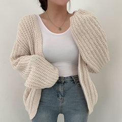 fall fashion Jo Korean Autumn Lazy Style V-neck Versatile Loose Casual Solid Color Lantern Sleeve Knitted Cardigan Sweater outside