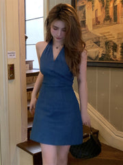 90s fashion New Hong Kong Style Retro V-neck Sleeveless Backless Halter Small Denim Dress Fashion