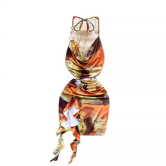 concert outfit Style Summer Women's Sexy Swing Collar Halter Sling Waist-Exposed Pleated Bag Hip Printed Sheath Dress Holiday Dress