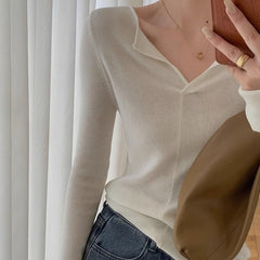 outfit inspo Korean Style Polo Collar Sweater Women's New Design Double Collar Chic Early Autumn Chic Top Bottoming Shirt