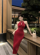 dress to impress outfits Banquet Host Auto Show Dress Long Dress Improved Cheongsam Dress Sexy Split Halter Velvet Dress