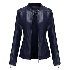 2000s fashion New Fashion Women's Leather Jacket PU Leather Short Coat Stand Collar Jacket Women's Spring and Autumn Thin Leather Jacket Dark Blue Leather Coat