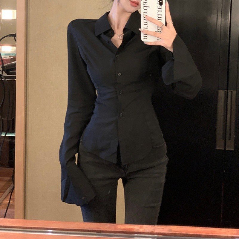 streetwear outfits Hot Girl Chic Bell Sleeve Lace-up Shirt Women's Autumn Black Shirt Tight Waist French Tight Waist Top