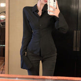 streetwear outfits Hot Girl Chic Bell Sleeve Lace-up Shirt Women's Autumn Black Shirt Tight Waist French Tight Waist Top