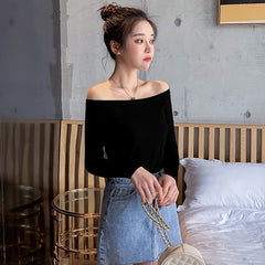 outfit inspo fall 2024 Spring and Autumn off-Shoulder Top Women's Long-Sleeved Undershirt Sexy Backless Large Neckline Leaky Collarbone T-shirt
