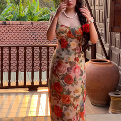 90s fashion 2024 New Spring and Summer Bright Flower Women's French Retro Waist-Tight Dress Long