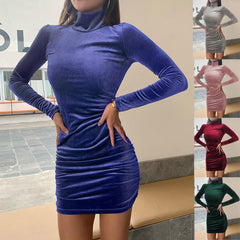 New Dress Women's Autumn and Winter Women's Clothing Long Sleeve Sexy Slim Fit Hot Girl Shrink Fold Suede
