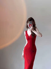 BXOXO - Sexy Mermaid V Neckline Christmas Dress Red Satin Prom Dresses Birthday Outfits HOT1170