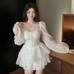 leapord halloween outfit French First Love Dress Women's Early Spring Chubby Girl Sweet and Spicy Sexy Waist Slimming White Skirt