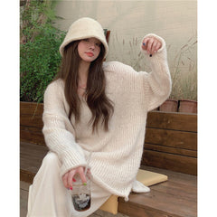 2000s fashion Korean Style Lazy V-neck Pullover Split on Both Sides Slimming Long Sleeve Sweater