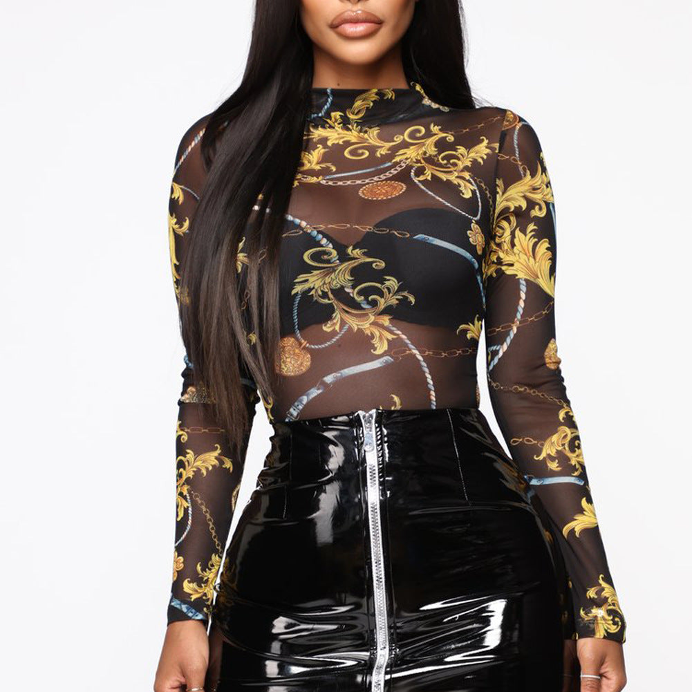 2000s fashion Mesh Printed Bottoming Shirt Top